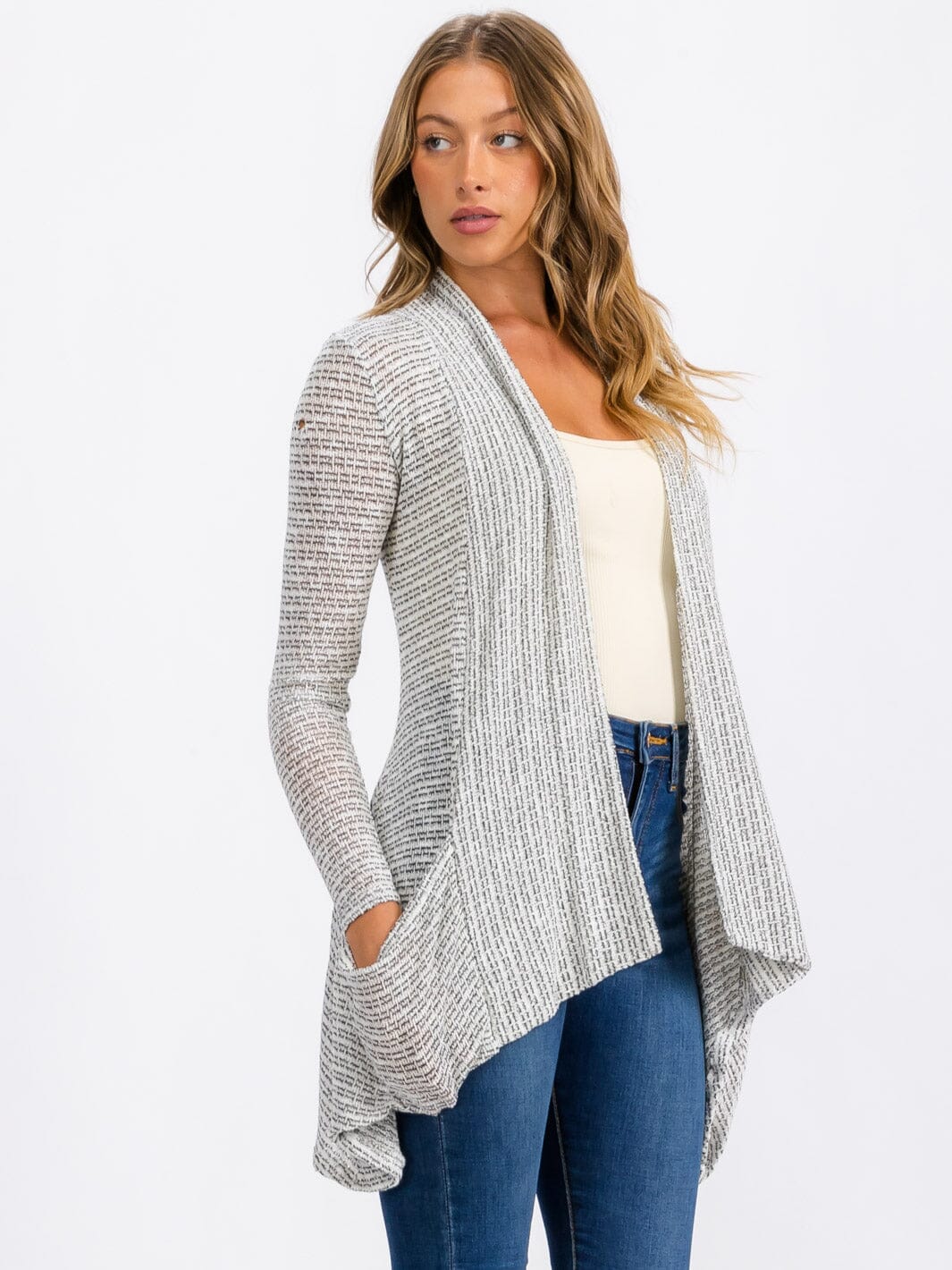 WOMEN'S LONG SLEEVE OPEN FRONT DETAILED POCKETS CARDIGAN