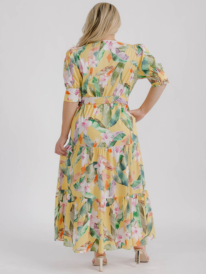 PLUS SIZE SHORT PUFF SLEEVE SURPLICE TIERED FLORAL BELTED MAXI DRESS