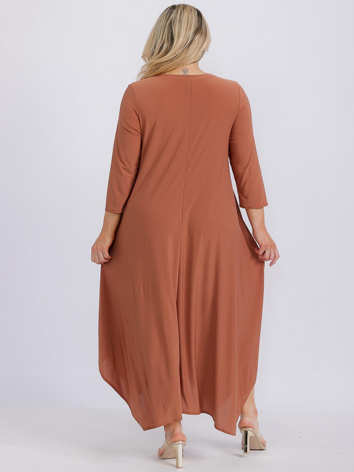 PLUS SIZE 3/4 SLEEVE FRONT POCKETS HIGH-LOW MAXI DRESS