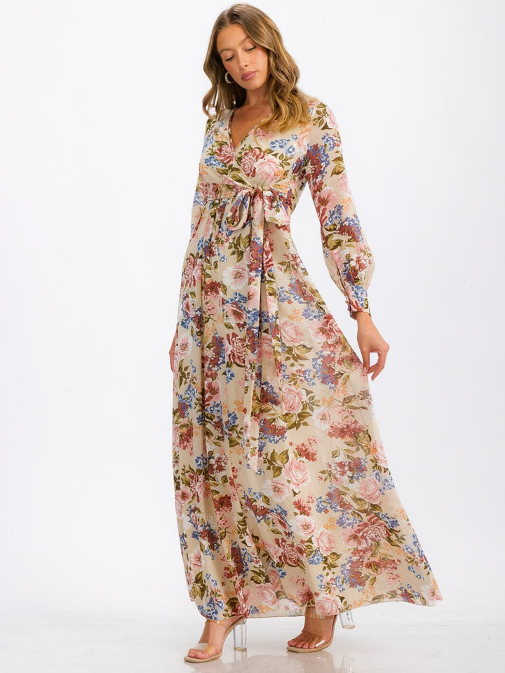 WOMEN'S LONG SLEEVE SURPLICE SELF TIE FLORAL MAXI DRESS