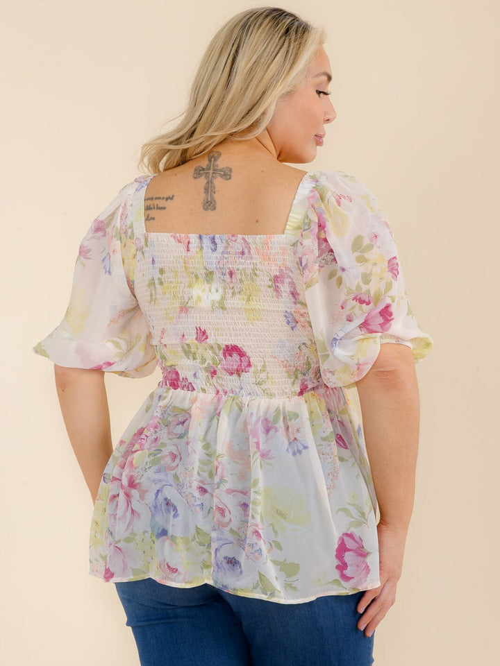 PLUS SIZE SHORT SLEEVE SQUARE NECK SMOCK FLORAL PEPLUM BLOUSE