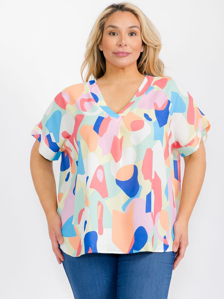 PLUS SIZE SHORT SLEEVE V-NECK MULTI PRINT TUNIC BLOUSE