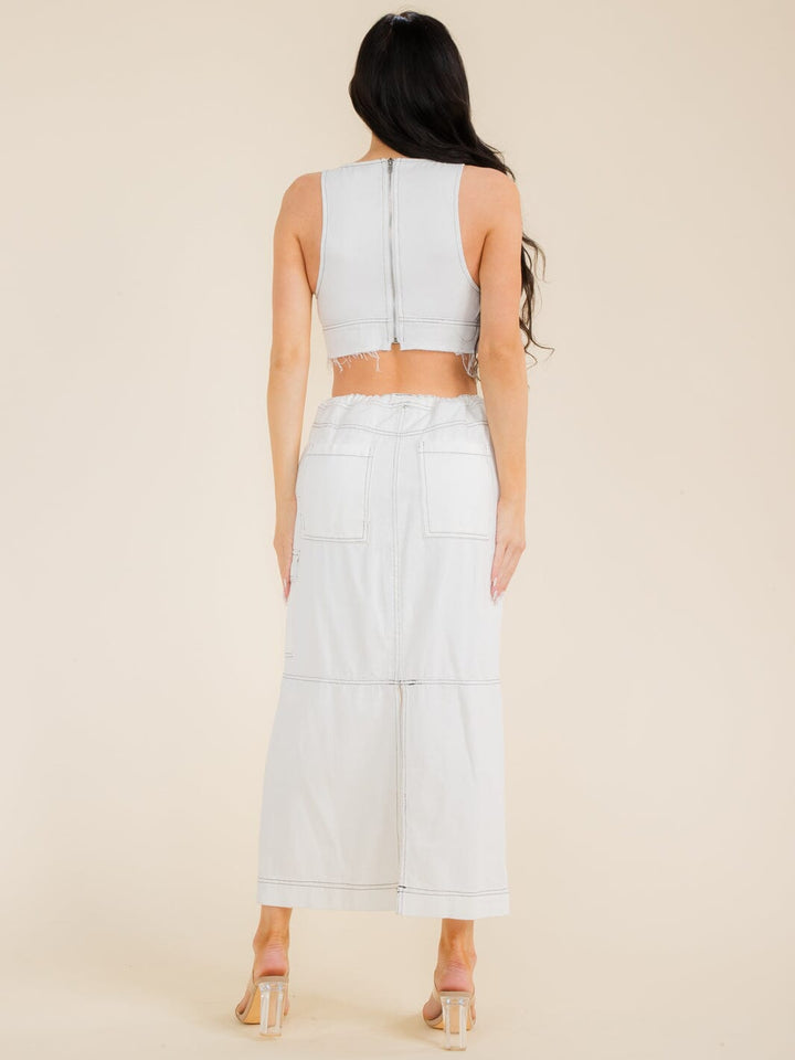 WOMEN'S SLEEVELESS CROP TOP & ADJUSTABLE WAIST MAXI SKIRT DENIM 2PC SETS