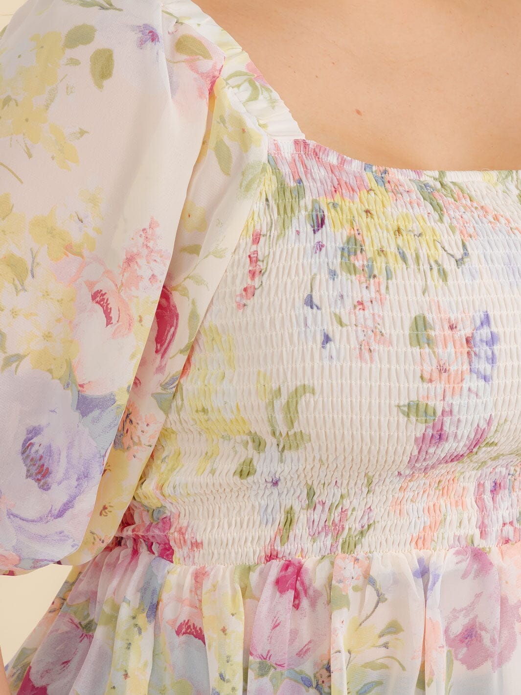 PLUS SIZE SHORT SLEEVE SQUARE NECK SMOCK FLORAL PEPLUM BLOUSE