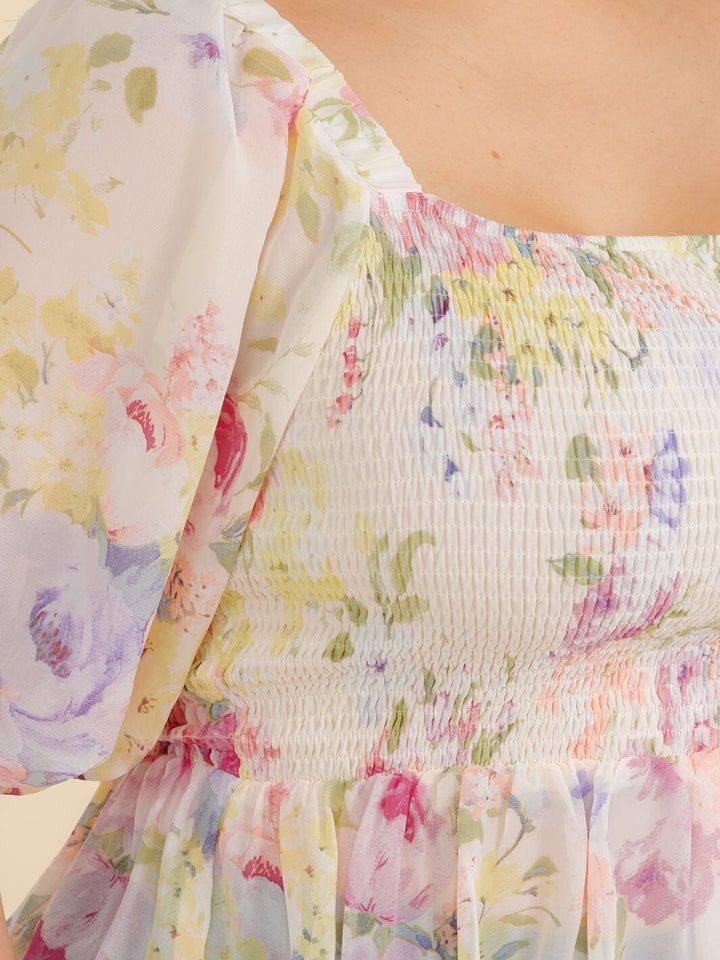 PLUS SIZE SHORT SLEEVE SQUARE NECK SMOCK FLORAL PEPLUM BLOUSE