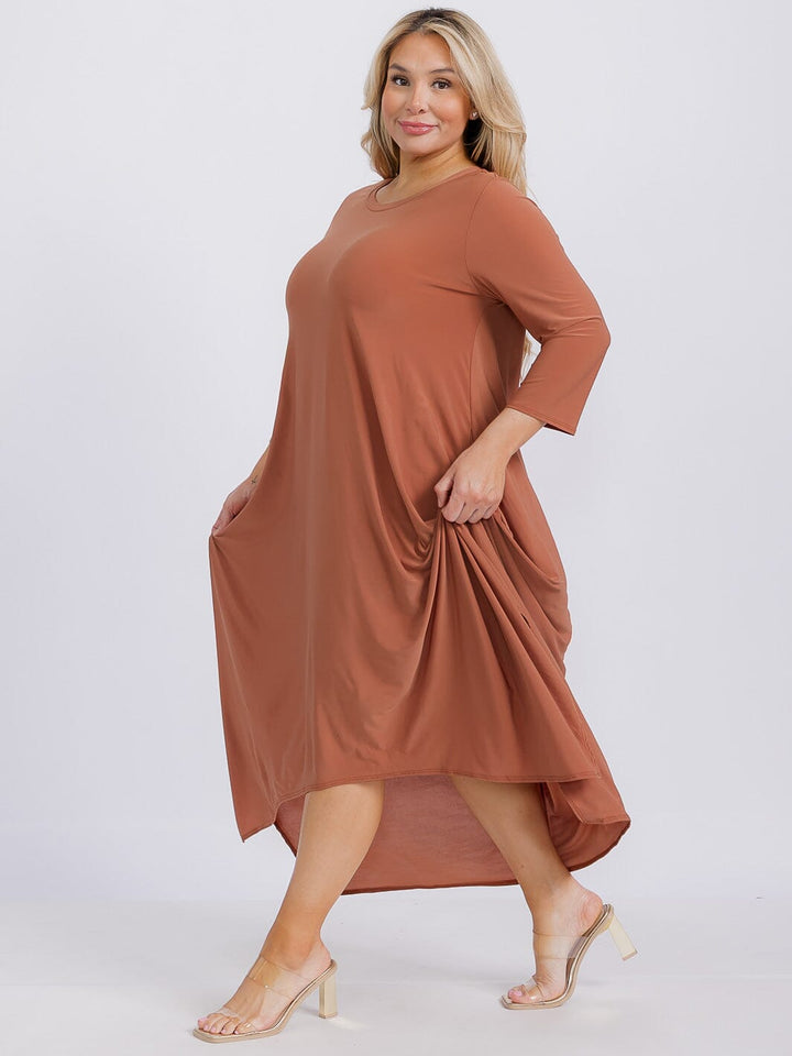 PLUS SIZE 3/4 SLEEVE FRONT POCKETS HIGH-LOW MAXI DRESS