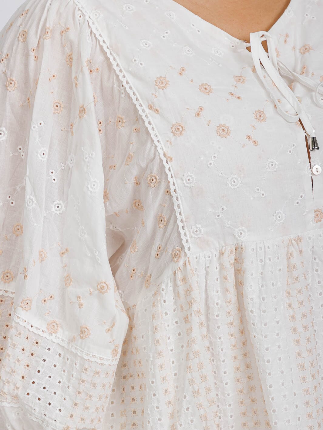 PLUS SIZE 3/4 SLEEVE V-NECK FRONT POCKETS EMBROIDERY EYELET TUNIC MINI DRESS