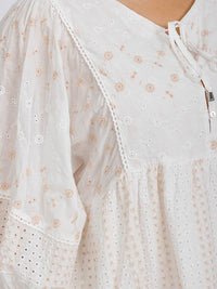 PLUS SIZE 3/4 SLEEVE V-NECK FRONT POCKETS EMBROIDERY EYELET TUNIC MINI DRESS