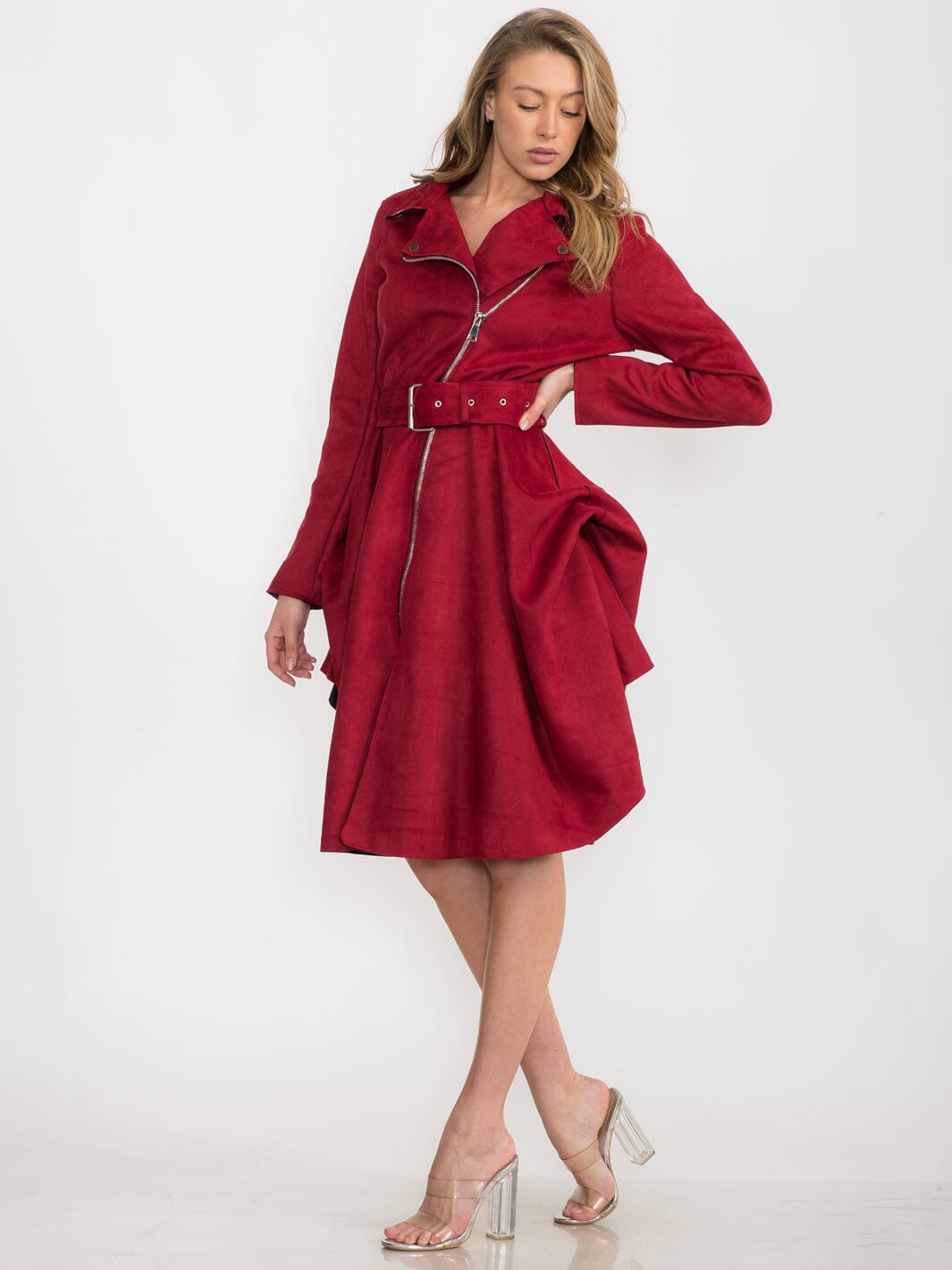 WOMEN'S LONG SLEEVE ZIPPER CLOSURE BELTED MIDI DRESS