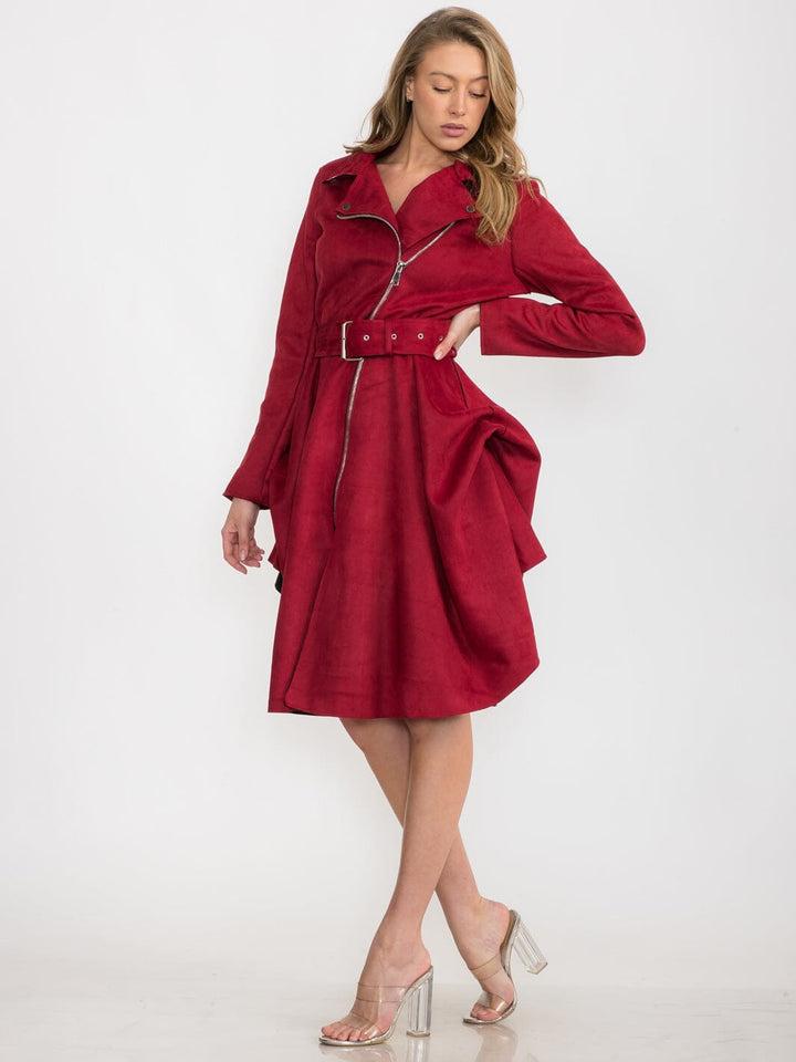 WOMEN'S LONG SLEEVE ZIPPER CLOSURE BELTED MIDI DRESS