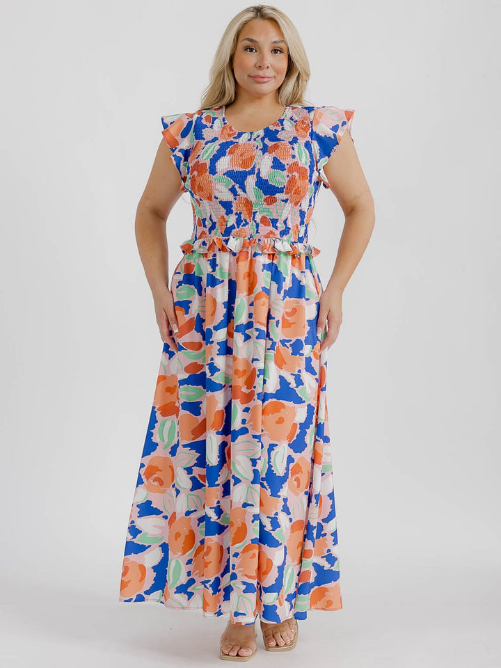 PLUS SIZE SHORT RUFFLE SLEEVE SMOCK FLORAL MAXI DRESS