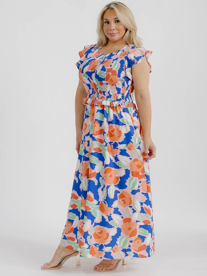 PLUS SIZE SHORT RUFFLE SLEEVE SMOCK FLORAL MAXI DRESS