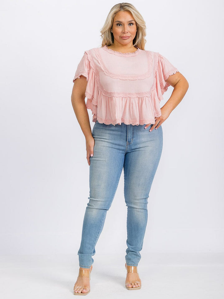 PLUS SIZE SHORT SLEEVE RUFFLE PEPLUM BLOUSE