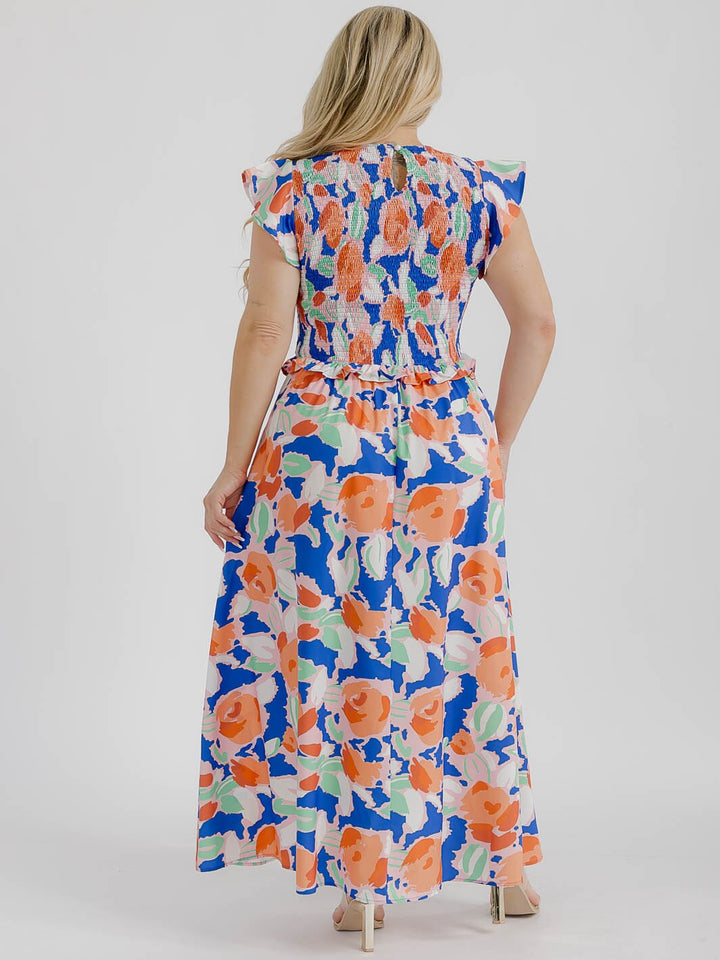 PLUS SIZE SHORT RUFFLE SLEEVE SMOCK FLORAL MAXI DRESS