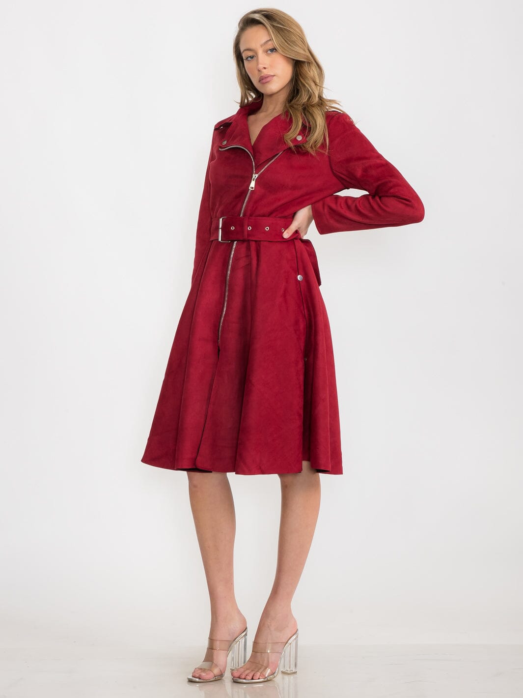 WOMEN'S LONG SLEEVE ZIPPER CLOSURE BELTED MIDI DRESS