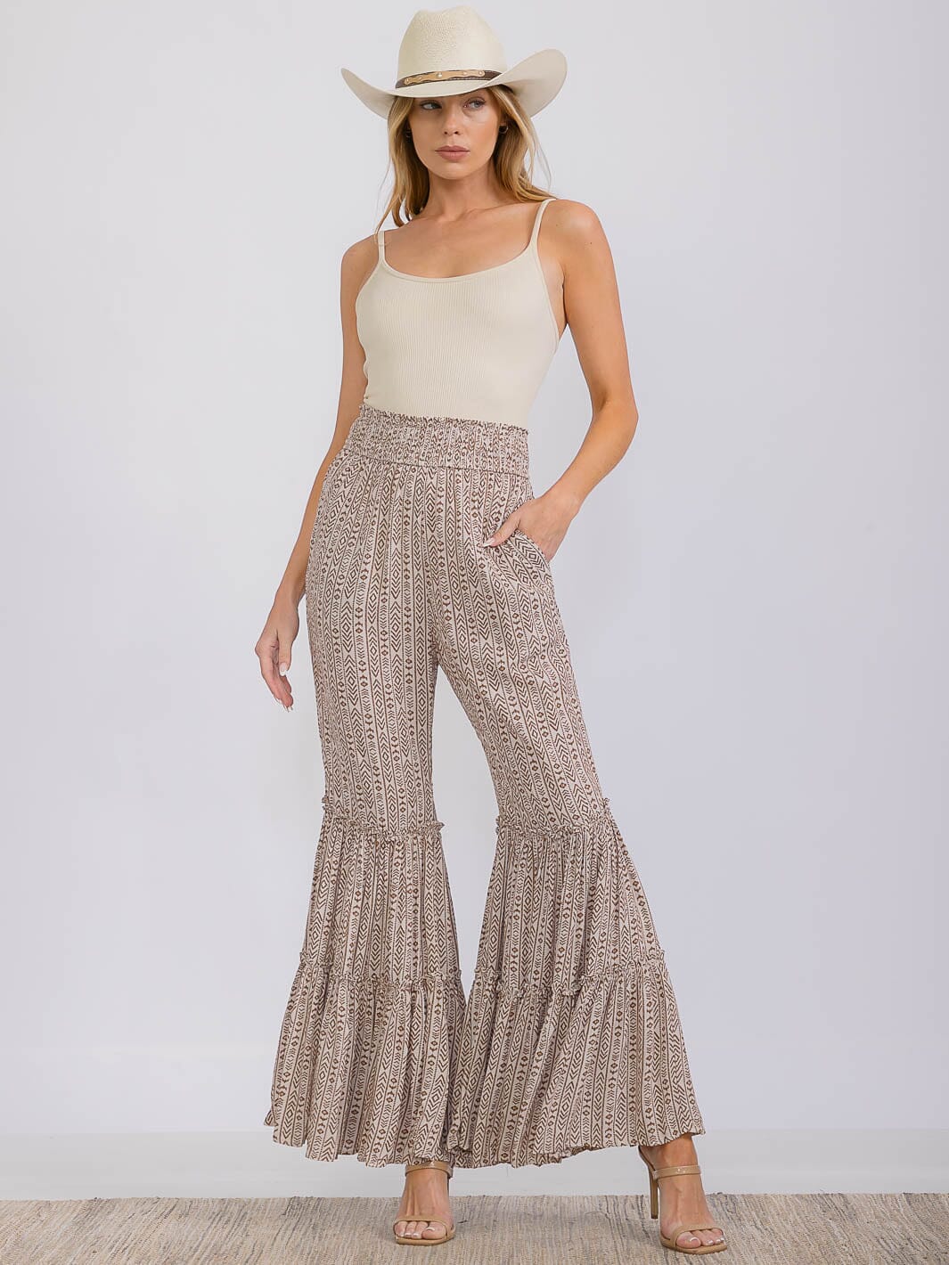 WOMEN'S ELASTIC WAIST FRONT POCKETS MULTI PRINT PALAZZO PANTS