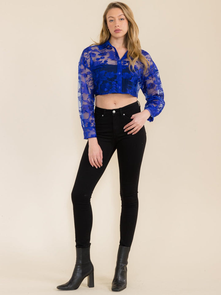WOMEN'S LONG SLEEVE BUTTON DOWN LACE MESH CROP TOP