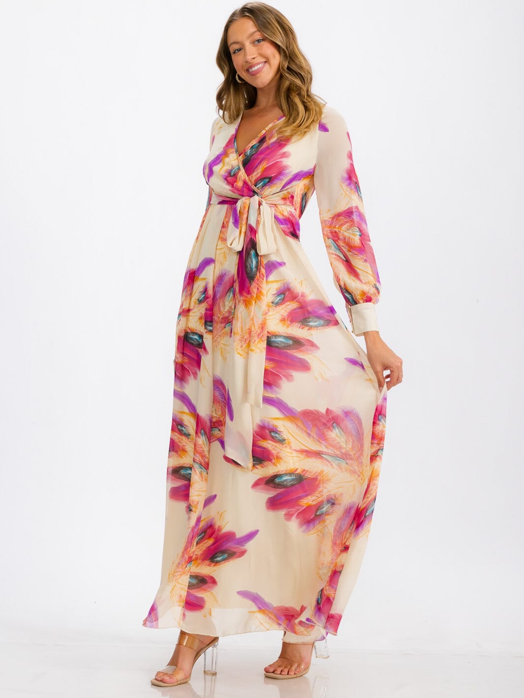 WOMEN'S LONG SLEEVE SURPLICE SELF TIE FLORAL MAXI DRESS