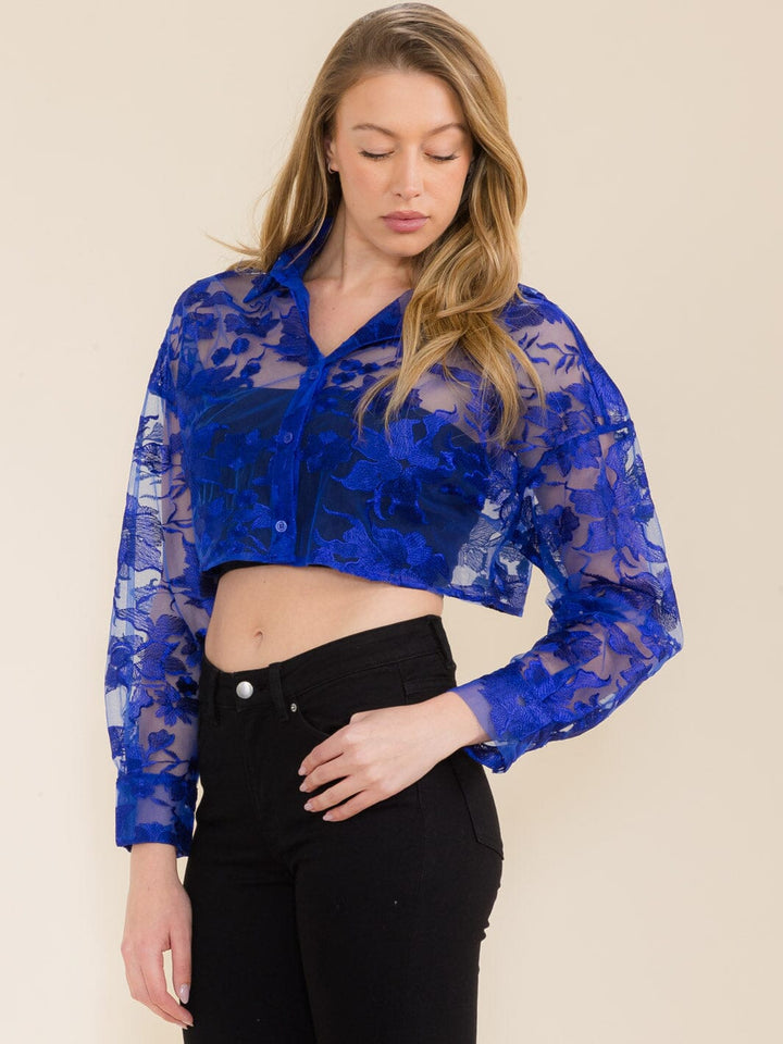 WOMEN'S LONG SLEEVE BUTTON DOWN LACE MESH CROP TOP