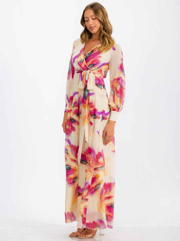 WOMEN'S LONG SLEEVE SURPLICE SELF TIE FLORAL MAXI DRESS