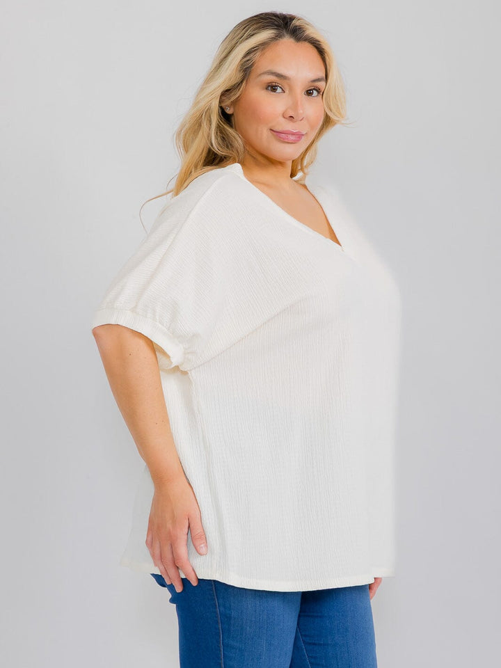 PLUS SIZE SHORT SLEEVE V-NECK TUNIC BLOUSE