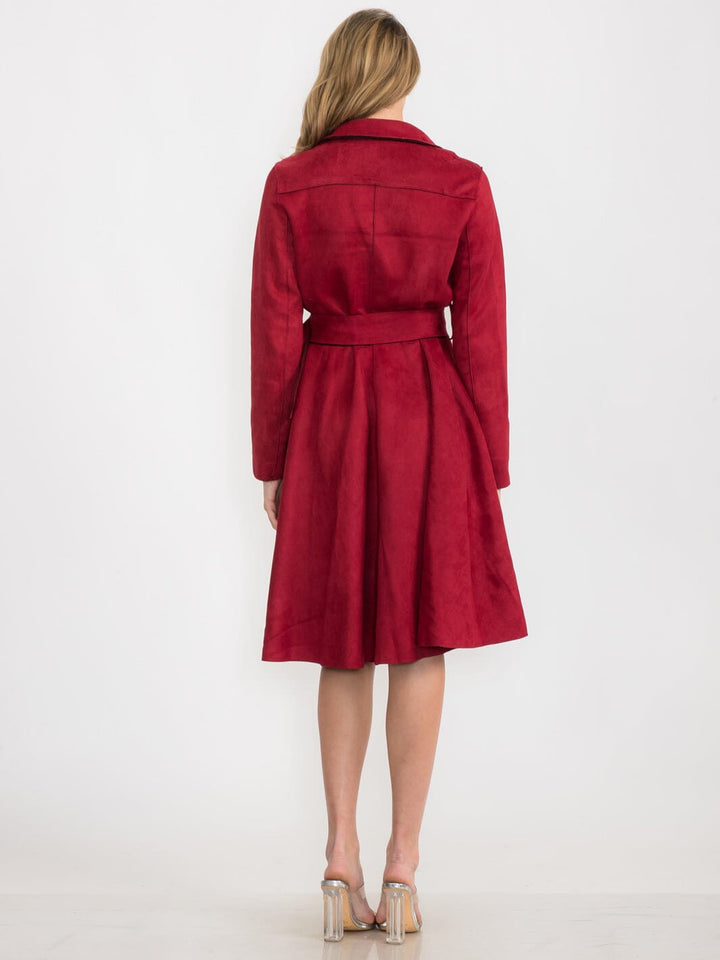 WOMEN'S LONG SLEEVE ZIPPER CLOSURE BELTED MIDI DRESS