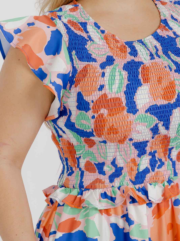 PLUS SIZE SHORT RUFFLE SLEEVE SMOCK FLORAL MAXI DRESS