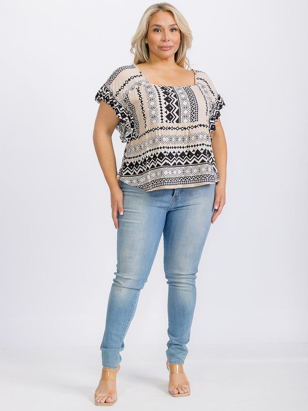 PLUS SIZE SHORT SLEEVE SQUARE NECK MULTI PRINT BLOUSE