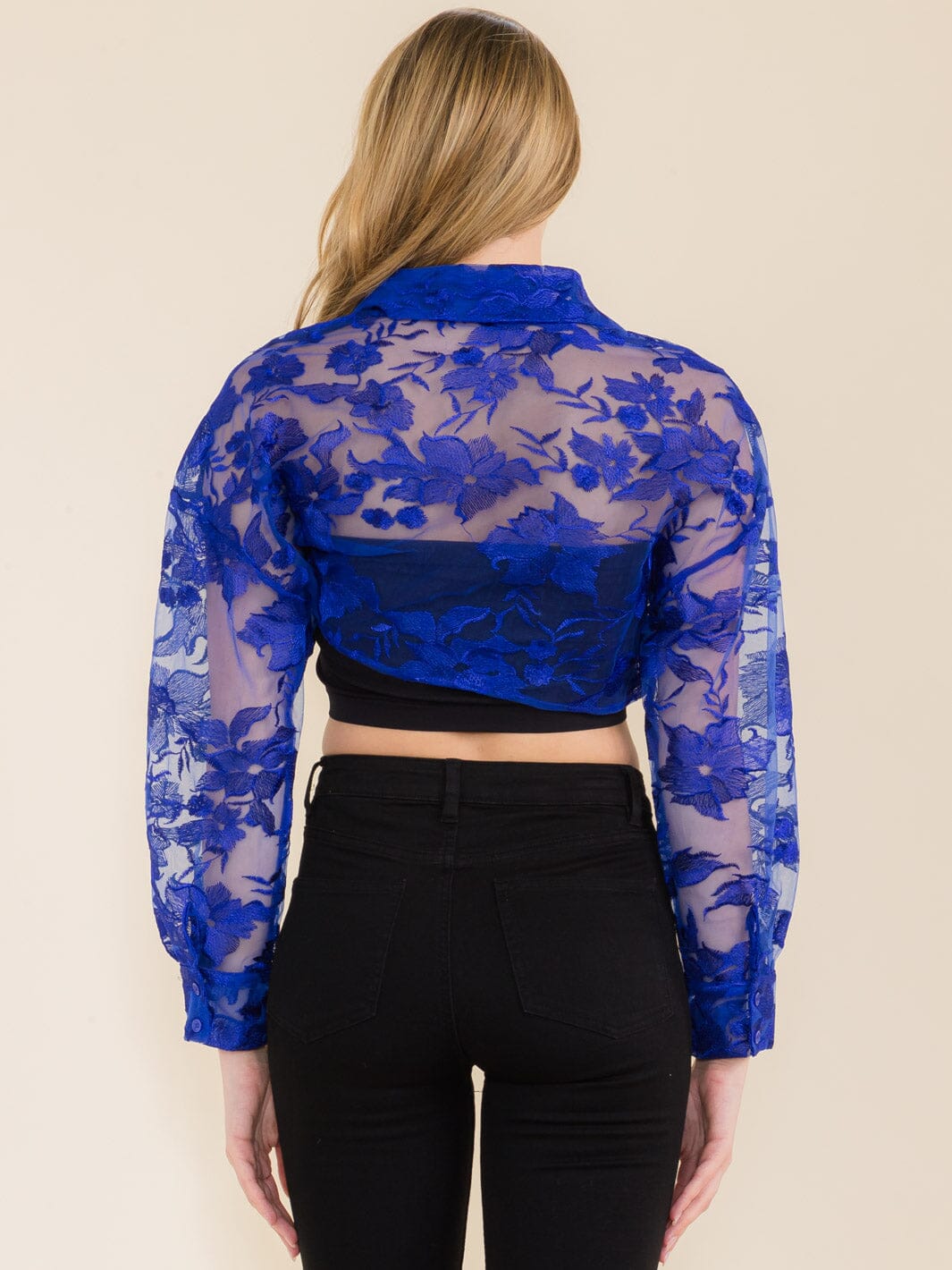 WOMEN'S LONG SLEEVE BUTTON DOWN LACE MESH CROP TOP