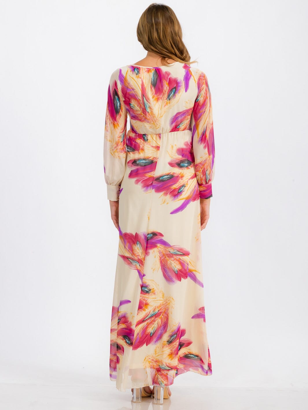 WOMEN'S LONG SLEEVE SURPLICE SELF TIE FLORAL MAXI DRESS