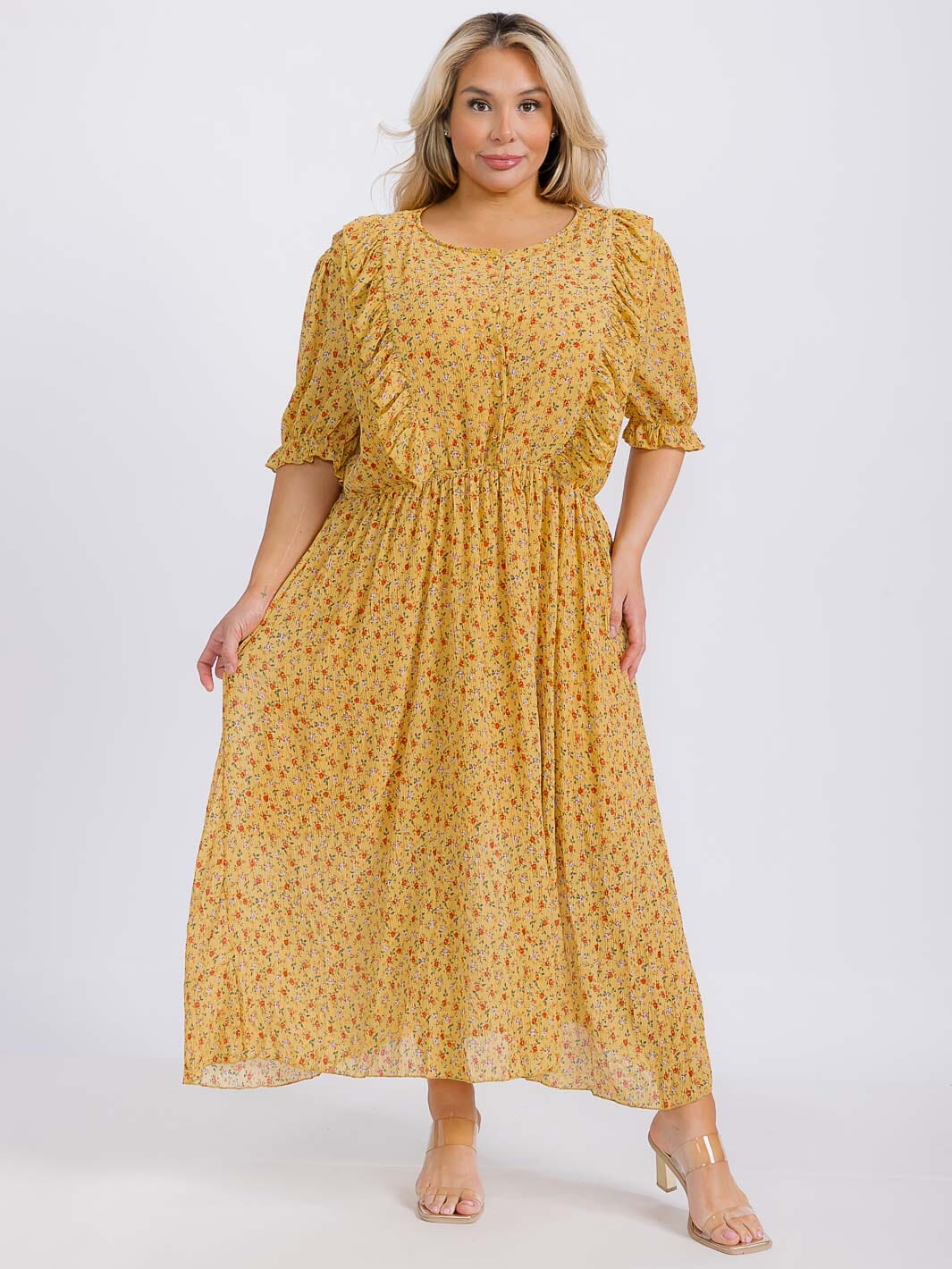 PLUS SIZE SHORT SLEEVE DISTY PRINT MAXI DRESS