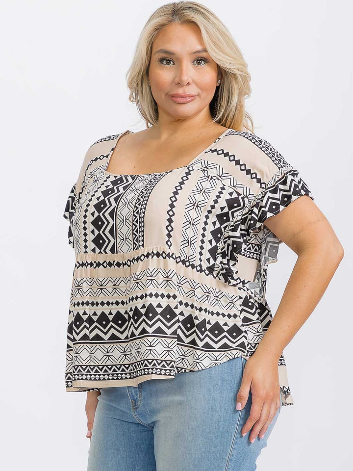 PLUS SIZE SHORT SLEEVE SQUARE NECK MULTI PRINT BLOUSE