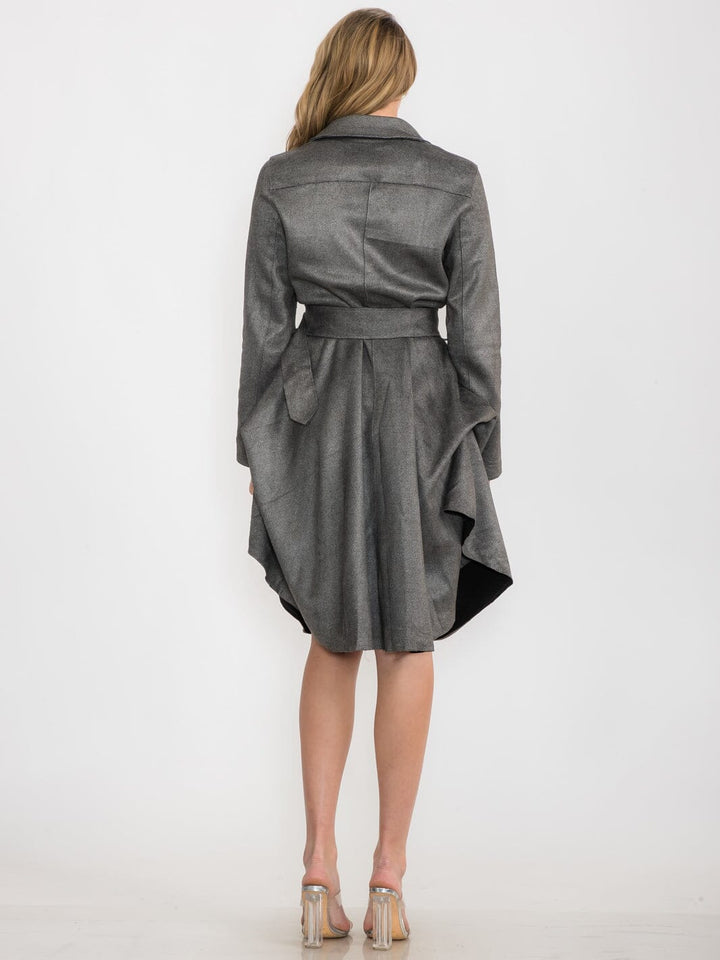 WOMEN'S LONG SLEEVE ZIPPER CLOSURE BELTED MIDI DRESS