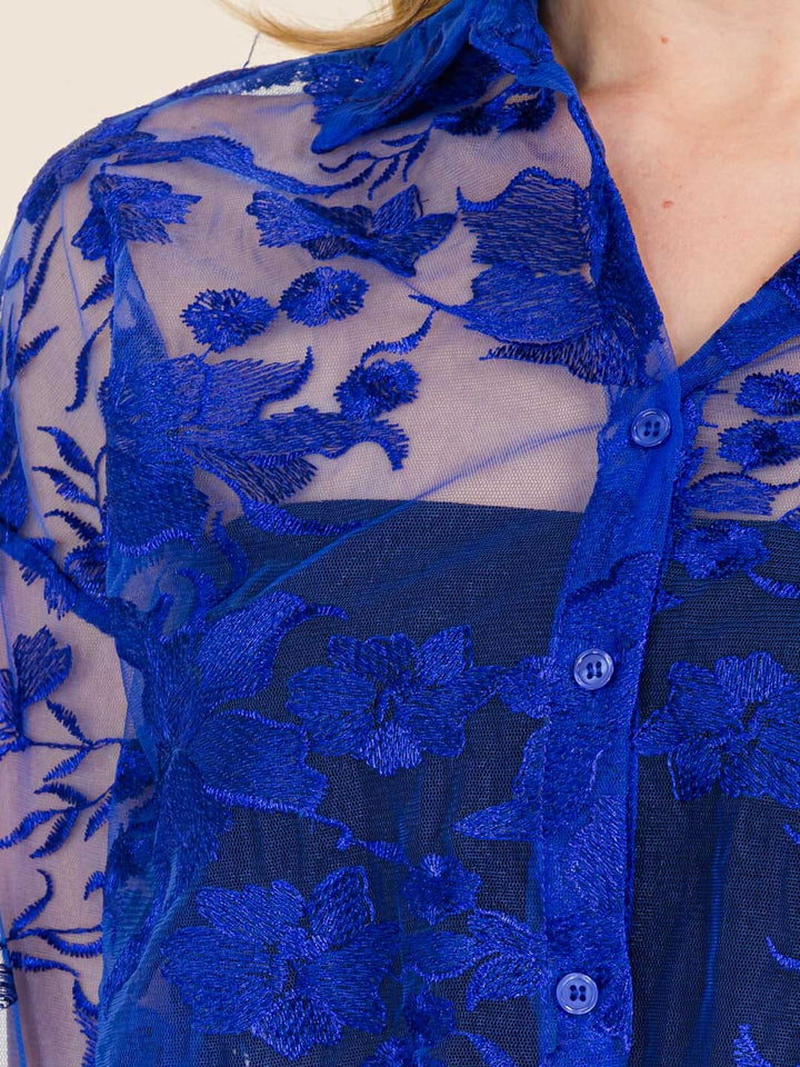 WOMEN'S LONG SLEEVE BUTTON DOWN LACE MESH CROP TOP