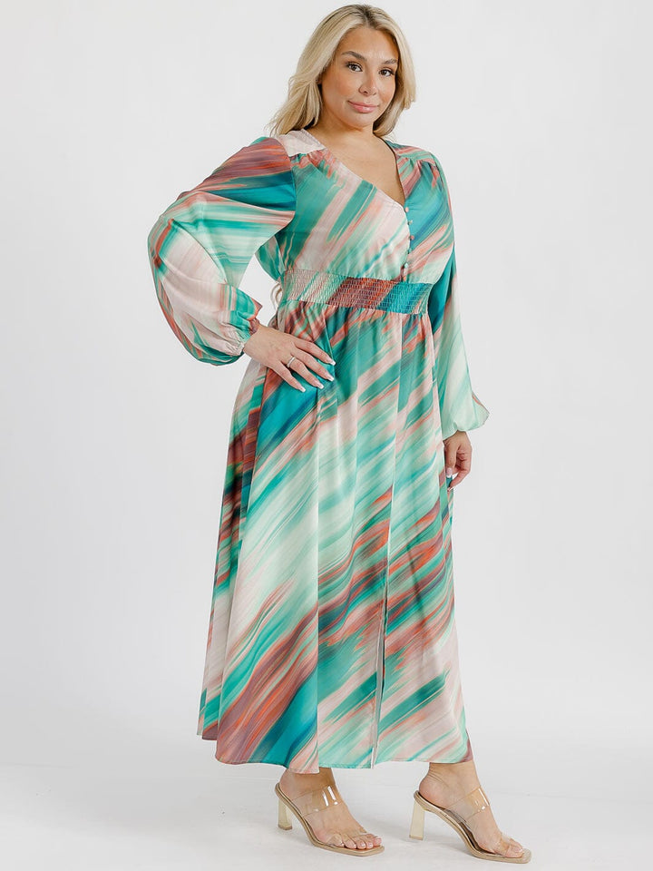 PLUS SIZE LONG SLEEVE V-NECK FRONT SLIT SMOCK WAIST MULTI PRINT MAXI DRESS