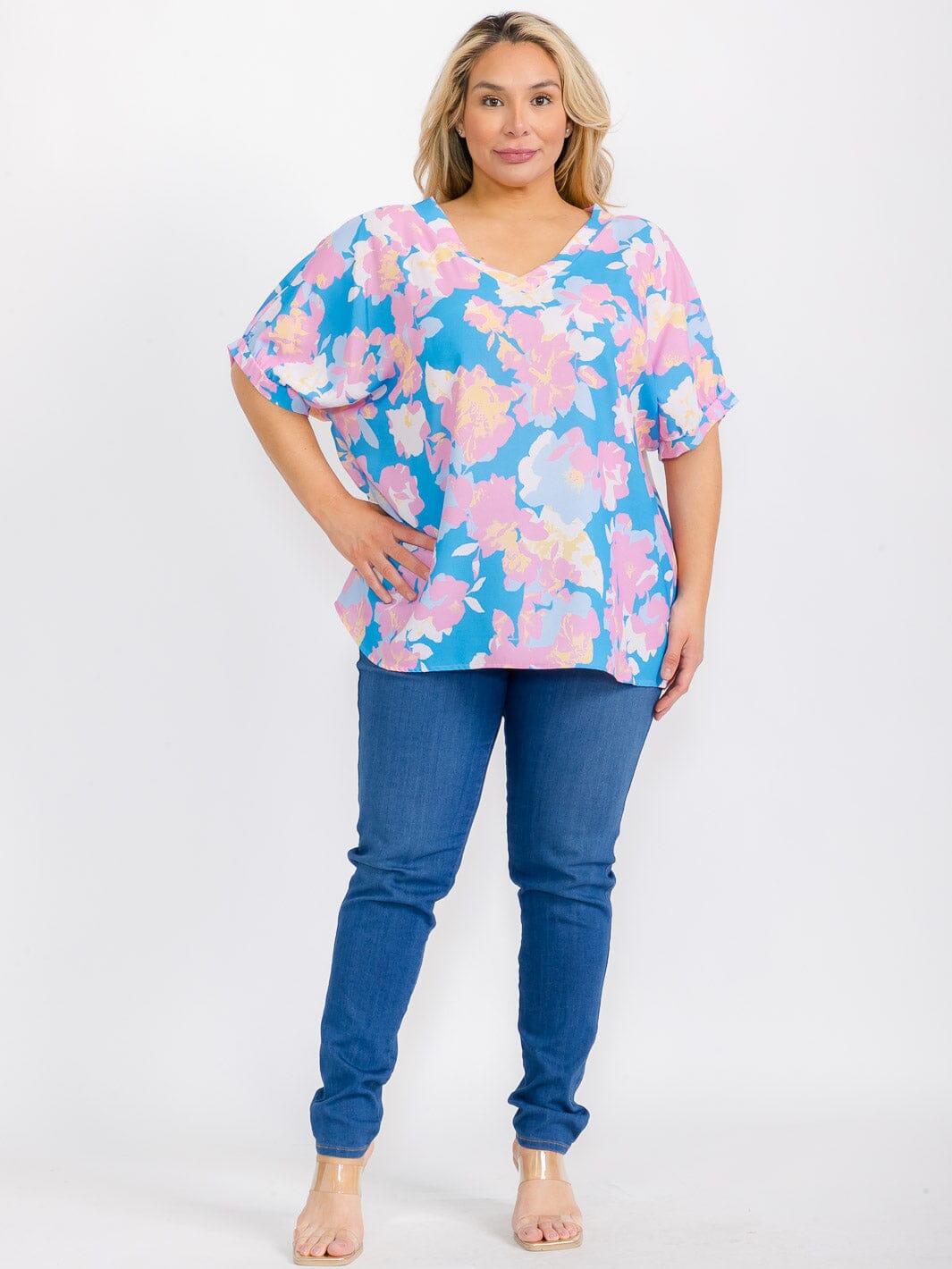 PLUS SIZE SHORT SLEEVE V-NECK FLORAL TUNIC BLOUSE