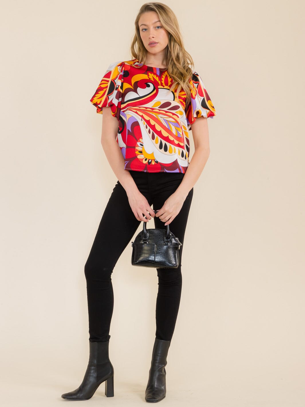 WOMEN'S SHORT SLEEVE MULTI PRINT BLOUSE