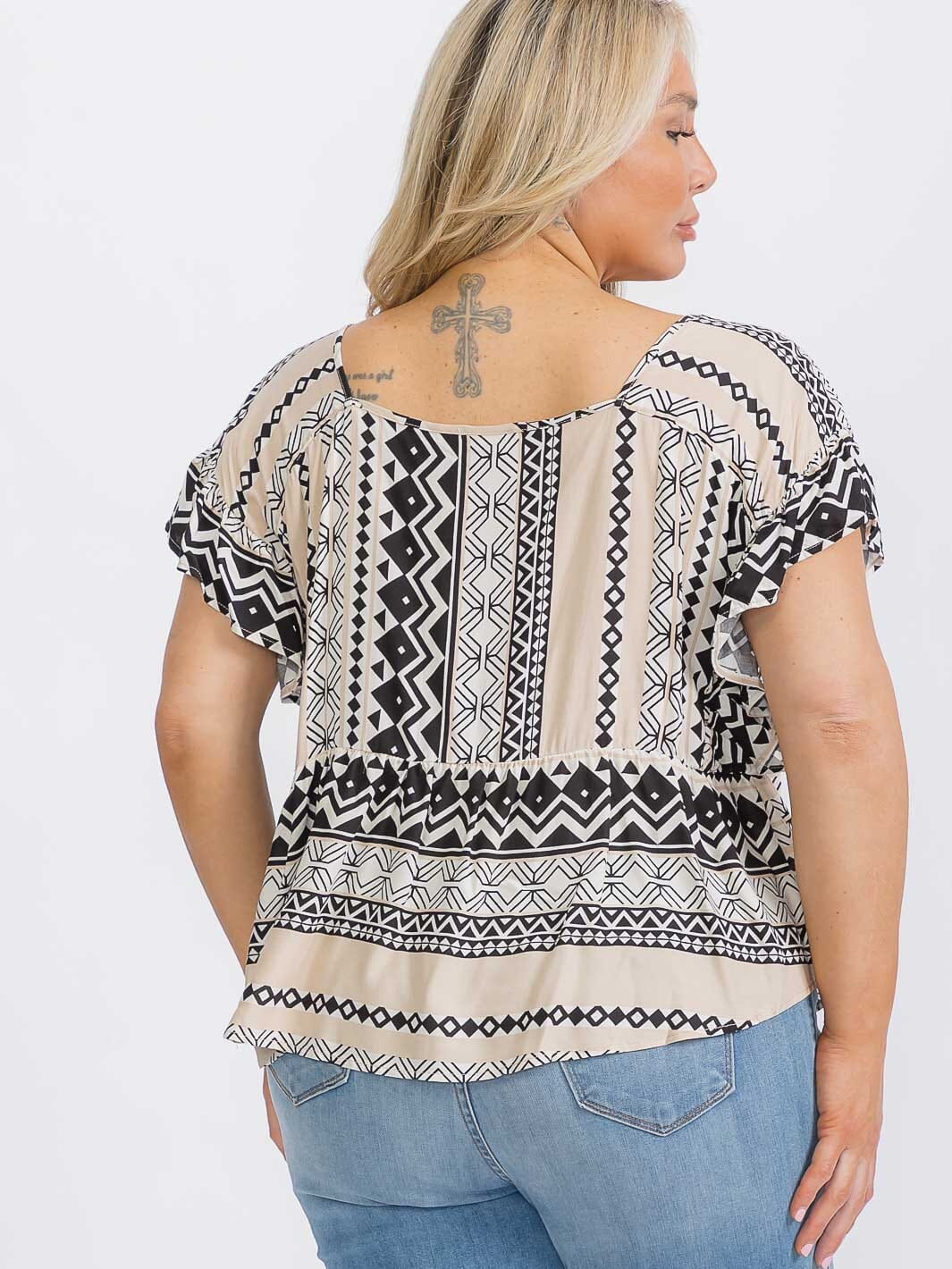 PLUS SIZE SHORT SLEEVE SQUARE NECK MULTI PRINT BLOUSE