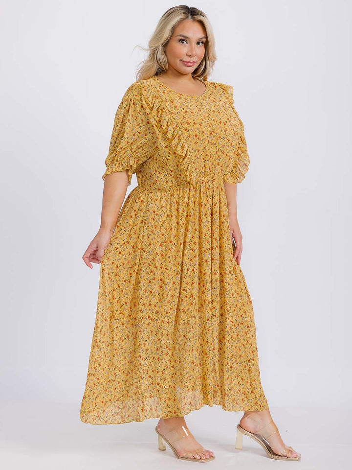 PLUS SIZE SHORT SLEEVE DISTY PRINT MAXI DRESS