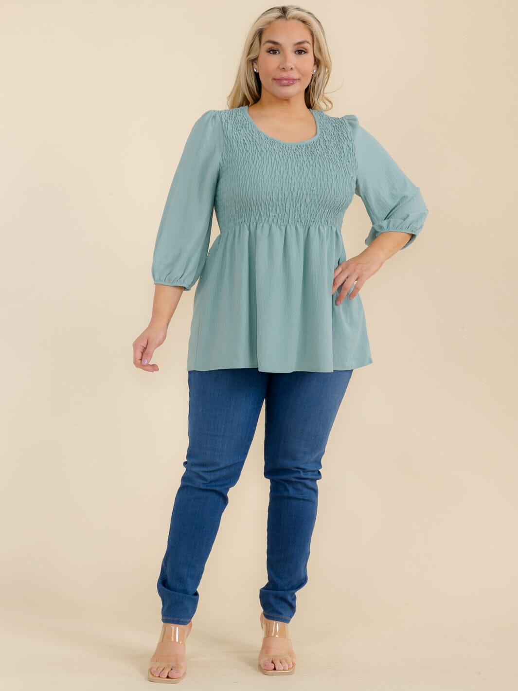 PLUS SIZE 3/4 SLEEVES RUCHED PEPLUM TUNIC BLOUSE