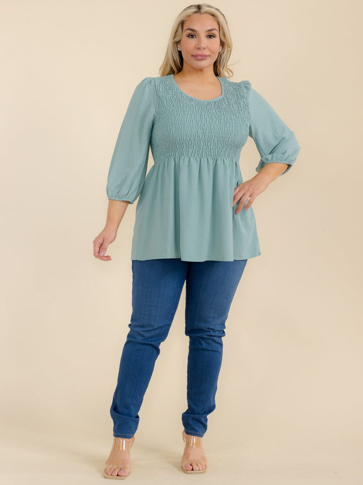 PLUS SIZE 3/4 SLEEVES RUCHED PEPLUM TUNIC BLOUSE