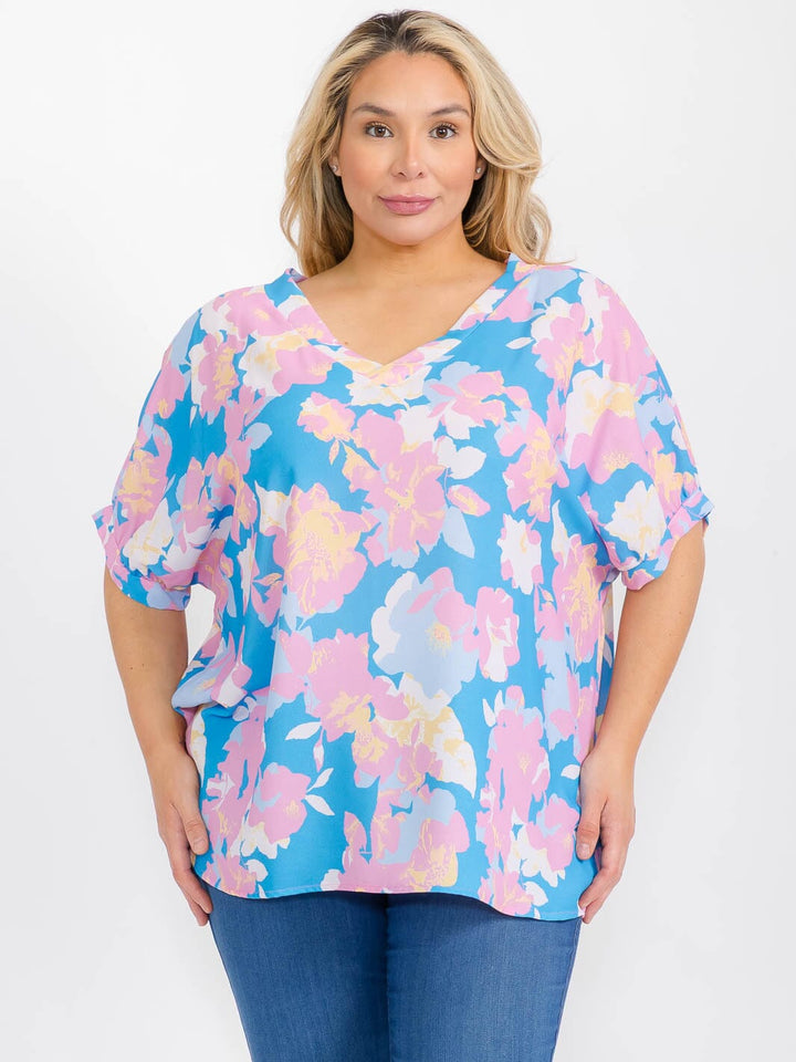 PLUS SIZE SHORT SLEEVE V-NECK FLORAL TUNIC BLOUSE