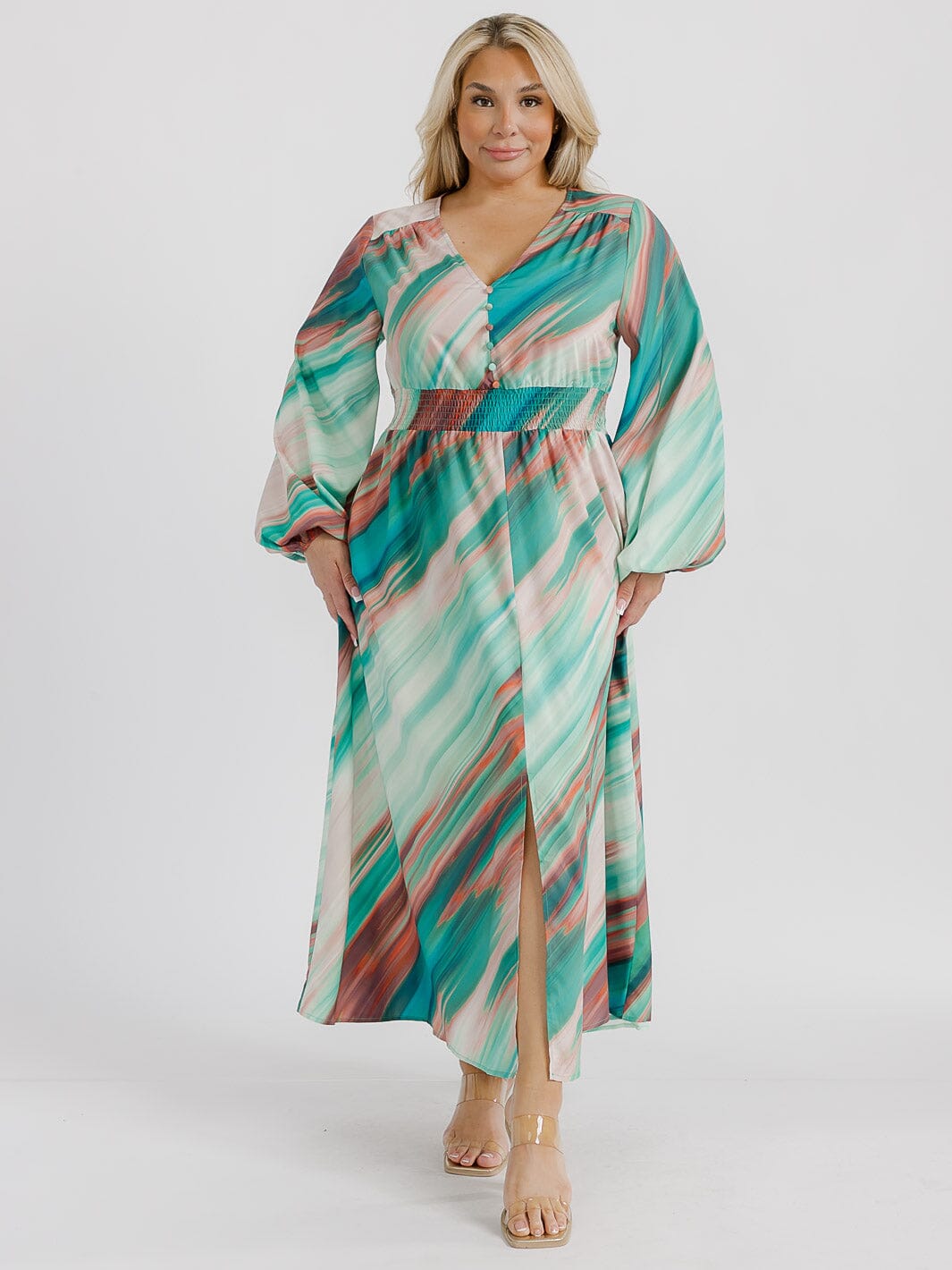 PLUS SIZE LONG SLEEVE V-NECK FRONT SLIT SMOCK WAIST MULTI PRINT MAXI DRESS