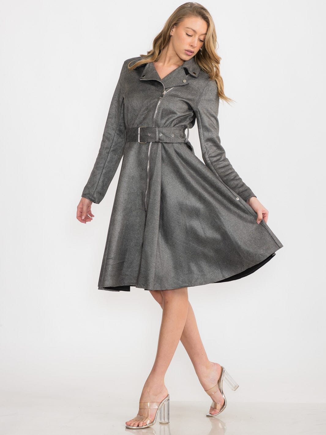 WOMEN'S LONG SLEEVE ZIPPER CLOSURE BELTED MIDI DRESS