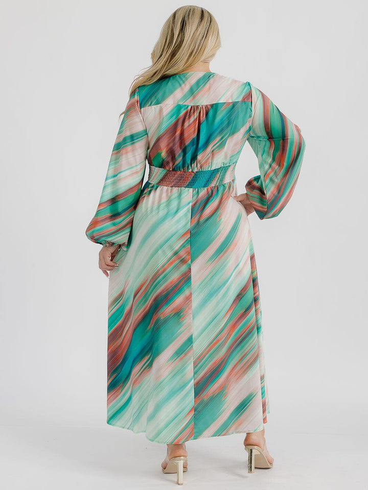 PLUS SIZE LONG SLEEVE V-NECK FRONT SLIT SMOCK WAIST MULTI PRINT MAXI DRESS