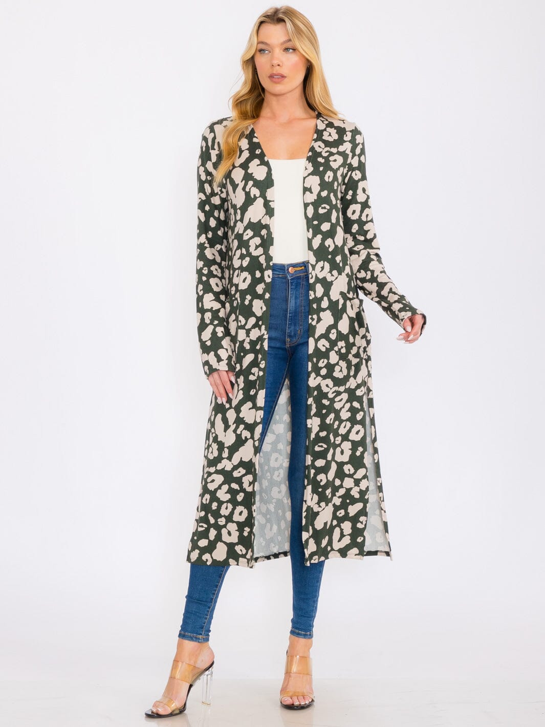 WOMEN'S LONG SLEEVES OPEN FRONT POCKETS ANIMAL PRINT CARDIGAN