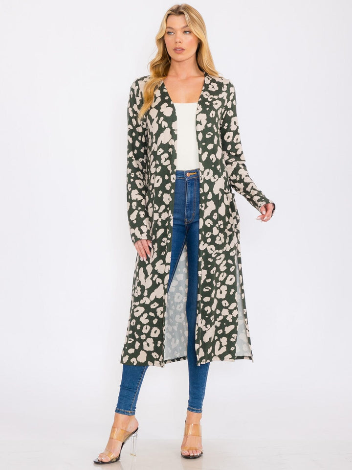 WOMEN'S LONG SLEEVES OPEN FRONT POCKETS ANIMAL PRINT CARDIGAN