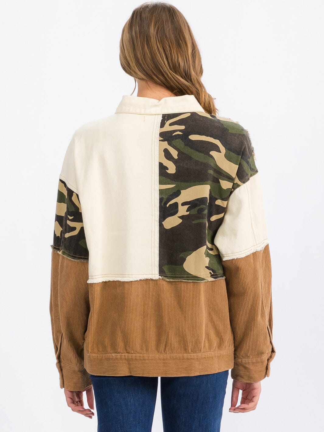 WOMEN'S LONG SLEEVE BUTTON CLOSURE CORDUROY COLORBLOCK DENIMI JACKET