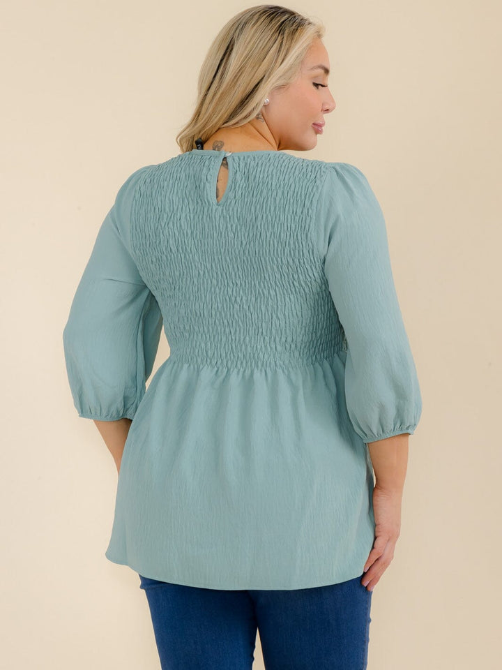 PLUS SIZE 3/4 SLEEVES RUCHED PEPLUM TUNIC BLOUSE