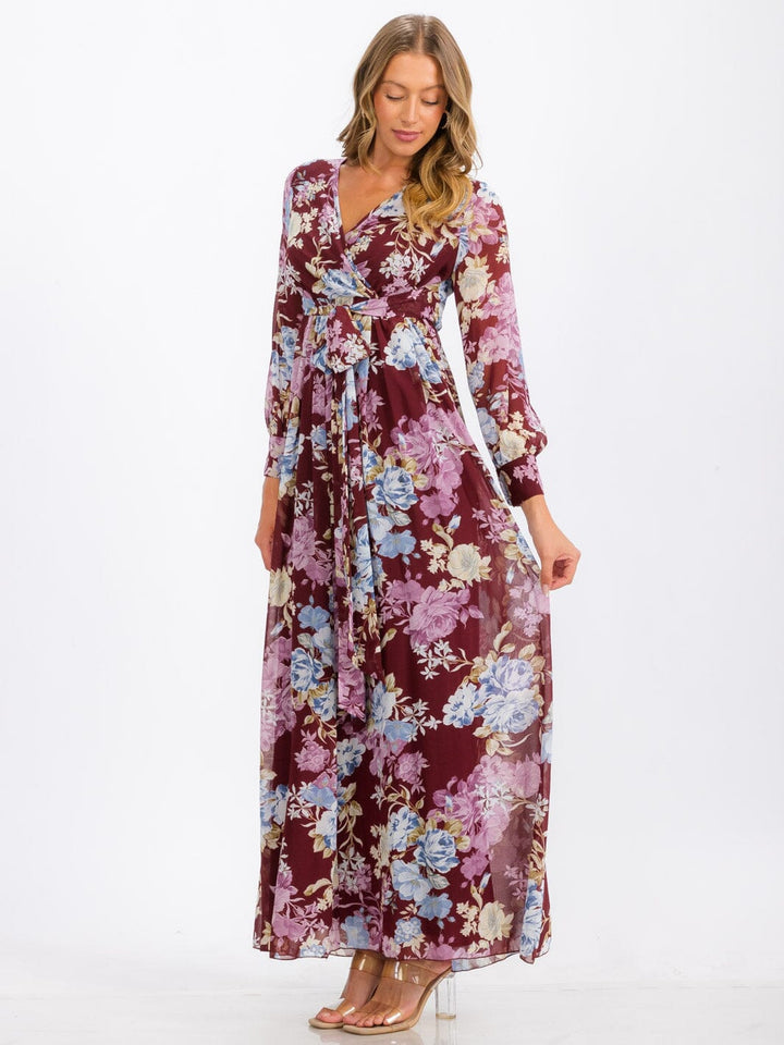 WOMEN'S LONG SLEEVE SURPLICE SELF TIE FLORAL MAXI DRESS